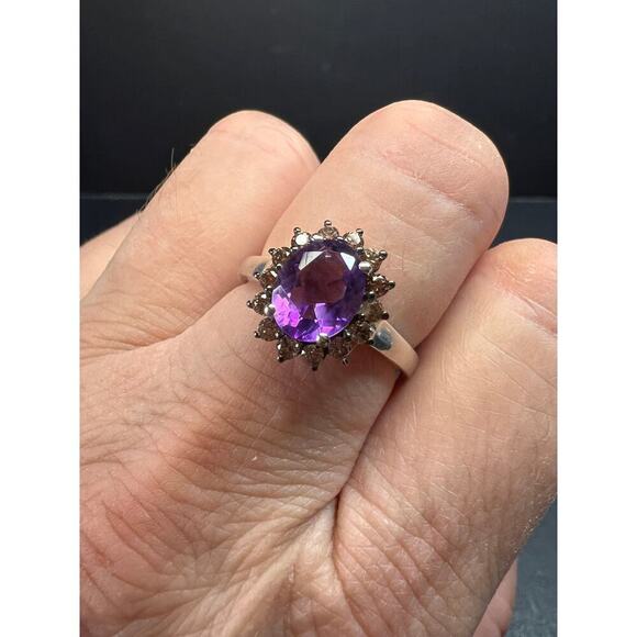 NEW Amethyst and brown zircon halo ring in platinum over sterling silver size 8 - Picture 2 of 16